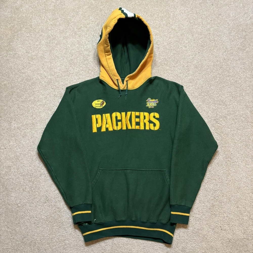 Vtg Green Bay Packers Hoodie Sweatshirt Mens M Green NFL Football SB Champs 90s